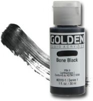 Golden 0002010-1 Fluid Acrylic 1 oz. Bone Black, Produced from lightfast pigments (not dyes) they offer very strong colors with very thin consistencies, No fillers or extenders are added and the pigment load is comparable to Golden heavy body acrylics, UPC 738797201019 (GOLDEN00020101 GOLDEN 00020101 0002010 1 GOLDEN-00020101 0002010-1) 