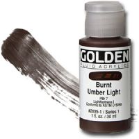 Golden 0002035-1 Fluid Acrylic 1 oz. Burnt Umber Light; Highly intense, permanent acrylic colors with a consistency similar to heavy cream; Produced from lightfast pigments (not dyes), they offer very strong colors with very thin consistencies; No fillers or extenders are added and the pigment load is comparable to Golden heavy body acrylics; UPC 738797203518 (GOLDEN00020351 GOLDEN 00020351 0002035 1 GOLDEN-00020351 0002035-1) 