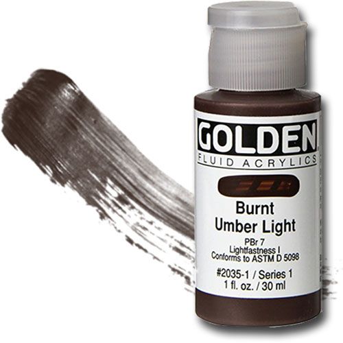 Golden 0002035-1 Fluid Acrylic 1 oz. Burnt Umber Light; Highly intense, permanent acrylic colors with a consistency similar to heavy cream; Produced from lightfast pigments (not dyes), they offer very strong colors with very thin consistencies; No fillers or extenders are added and the pigment load is comparable to Golden heavy body acrylics; UPC 738797203518 (GOLDEN00020351 GOLDEN 00020351 0002035 1 GOLDEN-00020351 0002035-1)
