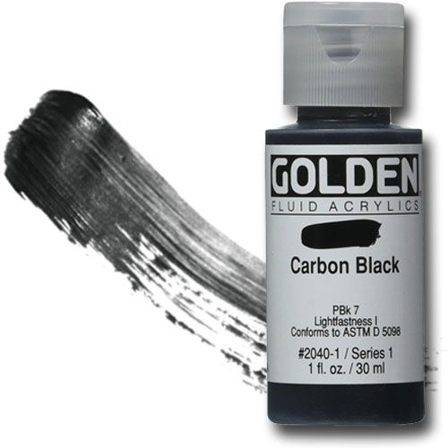 Golden 0002040-1 Fluid Acrylic 1 oz. Carbon Black; Highly intense, permanent acrylic colors with a consistency similar to heavy cream; Produced from lightfast pigments (not dyes), they offer very strong colors with very thin consistencies; No fillers or extenders are added and the pigment load is comparable to Golden heavy body acrylics; UPC 738797204010 (GOLDEN00020401 GOLDEN 00020401 0002040 1 GOLDEN-00020401 0002040-1)
