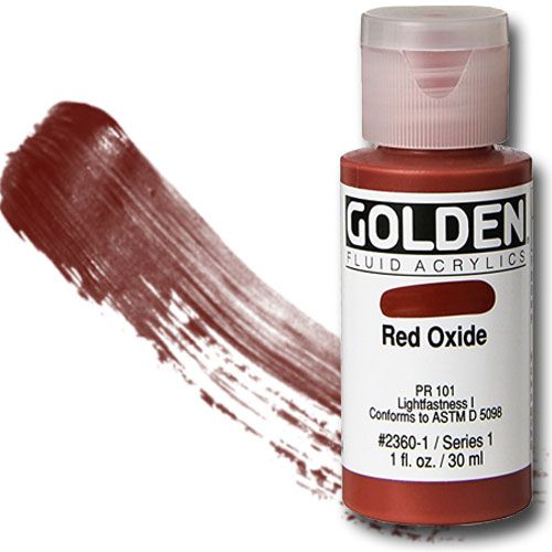 Golden 0002360-1 Fluid Acrylic 1 oz. Red Oxide; Highly intense, permanent acrylic colors with a consistency similar to heavy cream; Produced from lightfast pigments (not dyes), they offer very strong colors with very thin consistencies; No fillers or extenders are added and the pigment load is comparable to Golden heavy body acrylics; UPC 738797236011 (GOLDEN00023601 GOLDEN 00023601 0002360 1 GOLDEN-00023601 0002360-1)