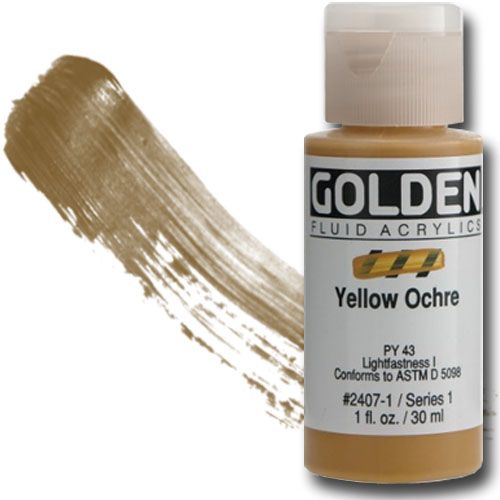 Golden 0002407-1 Fluid Acrylic 1 oz. Yellow Ochre; Highly intense, permanent acrylic colors with a consistency similar to heavy cream; Produced from lightfast pigments (not dyes), they offer very strong colors with very thin consistencies; No fillers or extenders are added and the pigment load is comparable to Golden heavy body acrylics; UPC 738797240711 (GOLDEN00024071 GOLDEN 00024071 0002407 1 GOLDEN-00024071 0002407-1)
