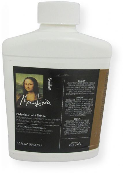 Mona Lisa 00190-016 Odorless Thinner 16oz; A versatile, multi purpose thinner for use on all types of oil paints, varnishes, and enamels; This product is a brush accessory and degreaser; Preferred for its low odor and low toxic levels; Spill proof, shatter proof packaging; UPC 081093900163 (00190-016 00190016 ML190016 THINNER-00190-016 MONA-LISA00190-016 MONA-LISA-00190-016)