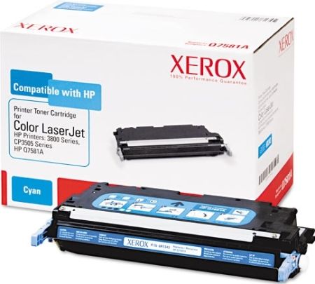 Xerox 006R01343 Replacement Cyan Toner Cartridge Equivalent to Q7581A for use with HP Hewlett Packard LaserJet 3800 and CP3505 Printer Series, Up to 6800 Page Yield Capacity, New Genuine Original OEM Xerox Brand, UPC 095205613438 (006-R01343 006 R01343 006R-01343 006R 01343 6R1343) 