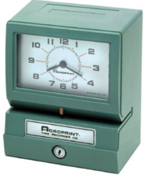Acroprint 01-2070-411 Model 150NR4 Analog Automatic Print Time Clock with Month/Date/1-12 Hours/Min, 120VAC 60Hz, Mechanical Time Clock Type, 100 Number of Employees, Month, Day, 1-12 Hours, Minutes Imprint Style, 1 Minute Increments, Analog Display Types, Automatic Operating Method, 1/8