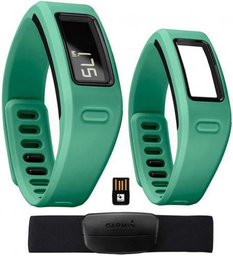 Garmin 010-01225-33 vivofit Fitness Band with Heart Rate Monitor (Teal); Learns your activity level and assigns a personalized daily goal; Displays steps, calories, distance; monitors sleep; Pairs with heart rate monitor for fitness activities; 1+ year battery life; water-resistant (50 meters); Save, plan and share progress at Garmin Connect; Display size, WxH: 1.00