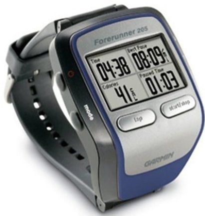 Garmin 010-00466-02 model Forerunner 205 Wrist-Mounted GPS Fitness Computer-Bilingual, 160 x 100 pixels Resolution, 1.3 by 0.8 inches Display size, High Sensitivity SiRFstarIII architecture, 1,000 laps Lap Memory, IPX7 standards Waterproof, Rechargeable lithium ion Battery, Up to 10 hours Battery life, USB Interface, UPC 753759051921 (010-00466-02 010 00466 02 0100046602 Forerunner-205 Forerunner205)