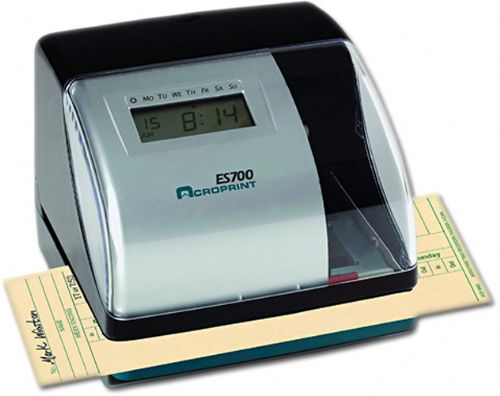 Acroprint 01-0182-000 model ES700 Electronic Time Recorder, User Selectable Hour Format (12 or 24), Choice of Standard Minutes, Tenths,or Hundredths, Select to print Day/Date/Month, Two or Four Digit Year, Programmable to print Seconds, Manual, Automatic, and Semi-Automatic, UPC 0-33297-04700-7 (ES-700 ES 700 010182000 01 0182 000)