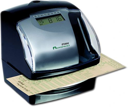 Acroprint 01-0209-000 Model ES900 Electronic Payroll Recorder, Time Stamp, Numbering Machine; Manual, Automatic, Semi-automatic or Combination printing; 1-12 AM/PM or 0-23 Hour; Choose minutes, tenths, hundredths or twentieths; Over 300 selectable imprint formats; Prints in seconds; Prints messages, day of week and month in multiple languages; UPC 033297049001 (ACROPRINT 01-0209-000 01 0209 000 010209000 ES900)