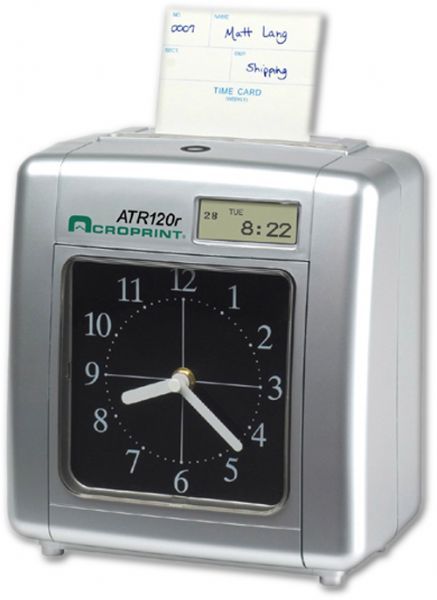 Acroprint 01-0212-000 model ATR120 Payroll Clock, Programmable print format: day, hour (1-12 or 0-23), minutes, Weekly or Biweekly pay periods, UPC 0-33297-19010-9 033297190109 (ATR 120, ATR-120 010212000 01 0212000)