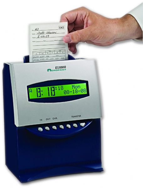 Acroprint 01-0215-000 Model ES1000 Electronic Totalizing Payroll Recorder And Time Stamp Time Clock; Automatic totaling (including overtime) saves time and eliminates clerical errors; Accommodates up to 100 employees; Two-color printing makes early and late punches easy to identify; Can control signals for external bells and horns to signal break time or end of shifts; UPC 033297100009 (ACROPRINT 010215000 01 0215 000 01-0215-000 ES1000)