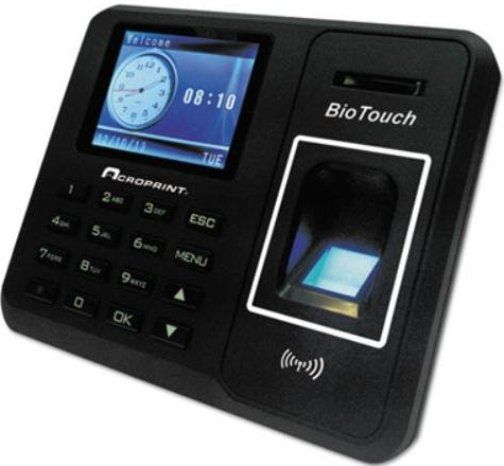 Acroprint 01-0276-000 BioTouch Biometric/Proximity Time Clock; Fully self-contained; Data is transferred in and out via a USB Memory Stick; Accommodates up to 500 employees and stores up to 200000 transactions; Set up one or more Manager accounts to secure the clock; Three choices for employee clocking in and out (010276000 010276-000 01-0276000)