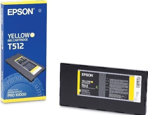 Epson T512201 Ink tank cartridge, Quick-drying formula resists smears and smudges, High-image quality output with minimum dot gain, True-archival ink, Consistent performance, OEM inkjet cartridge for Epson Stylus Pro 10000/10600, Yellow Color,  UPC 010343834415 (T512201 T512-201 T512 201)