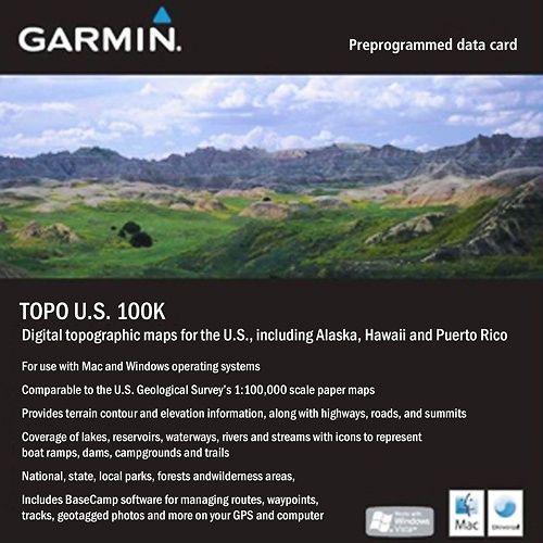 Garmin 010-C1042-00 TOPO U.S. 100K microSD/SD Card, Provides detailed digital topographic maps, comparable to 1:100000 scale USGS maps, Contains detailed hydrographic features, including coastlines, lake/river shorelines, wetlands and perennial and seasonal streams; UPC 753759100957 (010C104200 010C1042-00 010-C104200)