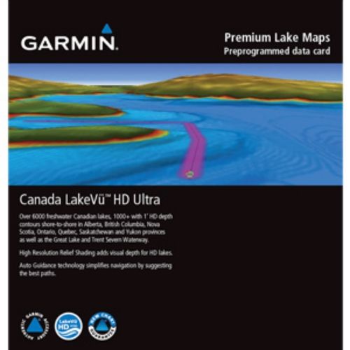 Garmin 010-C1114-00 Canada LakeV HD Ultra; Auto Guidance shows the best path to a destination; High-resolution Relief Shading adds visual depth; Depth Range Shading for up to 10 ranges enables you to view your target depth at a glance; Dynamic Lake Level setting adjusts maps based on current water levels; UPC 753759119928 (010C111400 010-C1114-00)