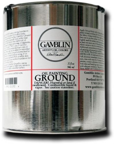 Gamblin 01132 Ground 32oz; Grounds make canvas and linen stiffer than acrylic gesso and more flexible than oil primers; Surface is ready for paint application as soon as the surface is lightly sanded; Bright white, non-absorbent ground like a traditional oil ground creates a solid foundation for oil painting; UPC 729911011324 (GAMBLIN01132 GAMBLIN 01132 G01132)