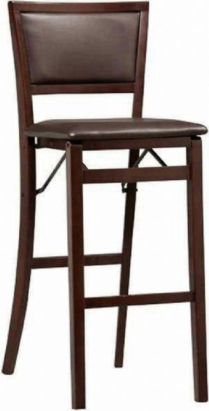 Linon 01832ESP-01-AS-U Keira Pad Back Folding Bar Stool, Rich Espresso finish, Dark Brown vinyl padded seat, Folds for easy set up and storage, 250 lbs Weight limit, 43