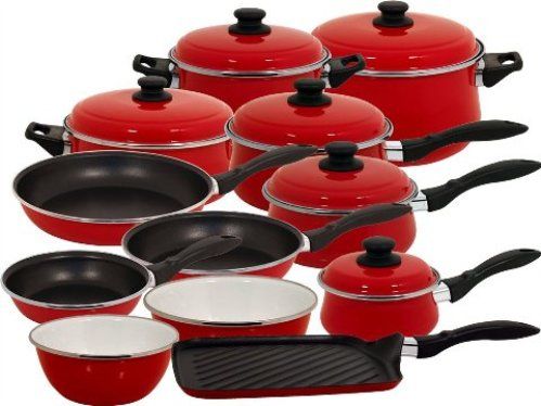 Magefesa 01BVPROVERO Provence Red Gloss Enamel On Steel 16 and 2 Piece, Cookware Set, Double layered enamel coated exterior, Triple layered non stick interior, Flame guards handles, 0.06