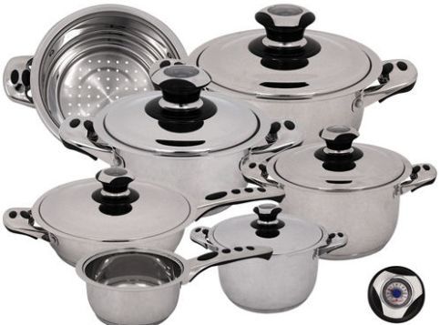 Magefesa 01BXECOTHPL Ecotherm Dietetic Stainless Steel 12 Piece Cookware Set, Ecotherm collection, Thermo insulated detachable handles, Induxal diffused base, Thermostats incorporated in every lead, Easy to clean, ultra polished finish, Set includes-8 Qt. stew pot with lid, 4 Qt. stew pot with lid, 2 Qt. stew pot with lid, 1.5 Qt. stew pot with lid, 1.5 Qt. saucepan, 3 Qt. frying pan with lid and 8.3