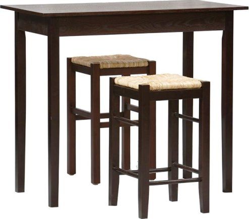 Linon 02850ESP-01-KD-U Tavern Three Piece Counter Set, Set includes 1 rectangular table and 2 backless counter stools, Counter height stools with padded, black vinyl seat covers, Stools tuck neatly under the table when not in use, Convenient and space saving design, 2 Seating Capacity, 36