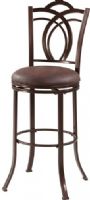 Linon 034549MTL01U Calif Metal Bar Stool; Blends transitional styling with traditional charm; Crafted for fashion and comfort, the stool has a decorative back, flared legs and swivel seat; Finished in a deep Coffee Brown, the seat is plushly upholstered in easy to maintain Coffee Brown PU; 30" Seat Height; 275 pound weight limit; UPC 753793932453 (034549-MTL01U 034549MTL-01U 034549-MTL-01U 034549 MTL01U) 