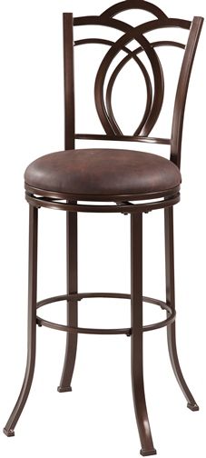 Linon 034549MTL01U Calif Metal Bar Stool; Blends transitional styling with traditional charm; Crafted for fashion and comfort, the stool has a decorative back, flared legs and swivel seat; Finished in a deep Coffee Brown, the seat is plushly upholstered in easy to maintain Coffee Brown PU; 30