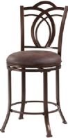 Linon 034550MTL01U Calif Metal Counter Stool; Blends transitional styling with traditional charm; Crafted for fashion and comfort, the stool has a decorative back, flared legs and swivel seat; Finished in a deep Coffee Brown, the seat is plushly upholstered in easy to maintain Coffee Brown PU; 24" Seat Height; 275 pound weight limit; UPC 753793933979 (034550-MTL01U 034550MTL-01U 034550-MTL-01U 034550 MTL01U) 