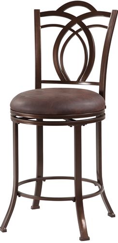 Linon 034550MTL01U Calif Metal Counter Stool; Blends transitional styling with traditional charm; Crafted for fashion and comfort, the stool has a decorative back, flared legs and swivel seat; Finished in a deep Coffee Brown, the seat is plushly upholstered in easy to maintain Coffee Brown PU; 24