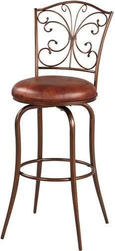 Linon 034551MTL01U Butterfly Back Bar Stool; Crafted for fashion and function; Eyecatching decorative back resembles a butterly and is finished in an antique gold; Plush Coffee Brown Faux Leather seat provides long lasting comfort; Thin flared legs complete the delicate look of the piece; 30