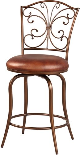 Linon 034552MTL01U Butterfly Back Counter Stool; Crafted for fashion and function; Eyecatching decorative back resembles a butterly and is finished in an antique gold; Plush Coffee Brown Faux Leather seat provides long lasting comfort; Thin flared legs complete the delicate look of the piece; 24