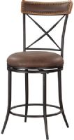 Linon 034554MTL01U X-Back Metal Counter Stool; Mixes transitional styling with contemporary appeal; Black finished stool is accented with an X designed back which is finished with a brown wood topper; Wood top has a Brown PU center that is trimmed in an antique bronze nailheads; 24" Seat Height; 275 pound weight limit; UPC 753793933962 (034554-MTL01U 034554MTL-01U 034554-MTL-01U 034554 MTL01U) 
