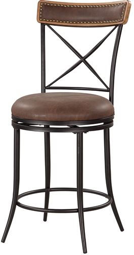 Linon 034554MTL01U X-Back Metal Counter Stool; Mixes transitional styling with contemporary appeal; Black finished stool is accented with an X designed back which is finished with a brown wood topper; Wood top has a Brown PU center that is trimmed in an antique bronze nailheads; 24