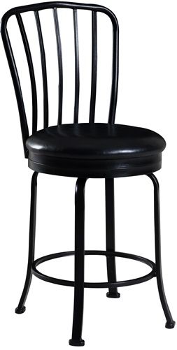 Linon 034575MTL01U Windsor Back Counter Stool; Classic in design and style, is a timeless addition to a home bar, counter or high top table; Decorative Windsor back adds a touch of symmetry to the stool, while the wide round swivel seat adds comfort; Finished in a dark black, the seat has a plush, easy to maintain, black PVC upholstery; UPC 753793933849 (034575-MTL01U 034575MTL-01U 034575-MTL-01U 034575 MTL01U)