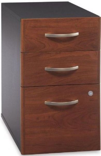 Bush WC24453 Hansen Cherry Three-Drawer Locking File Cabinet, Fully finished drawer interiors, File holds letter, legal or A4 files, Two box drawers for small supplies, Rolls under and Series C desk shell, One lock secures bottom two drawers, File drawer extends on full-extension, ball-bearing slides, UPC 042976244538, Hansen Cherry / Graphite Gray Finish (WC24453 WC-24453 WC 24453)