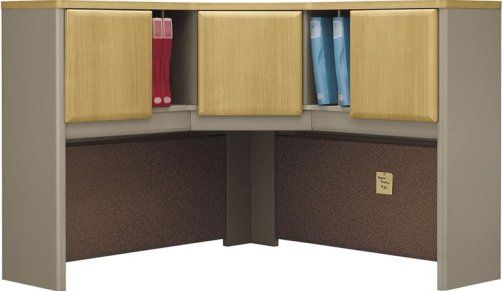 Bush WC64367 Series A Corner Hutch, Vacu-form, vinyl-clad door fronts, Fully finished interior and back panel, Two fabric-covered tack boards, Convenient open and concealed storage, European-style, self-closing, adjustable hinges, UPC 042976643676, Light Oak / Sage   Finish (WC64367 WC-64367 WC 64367)