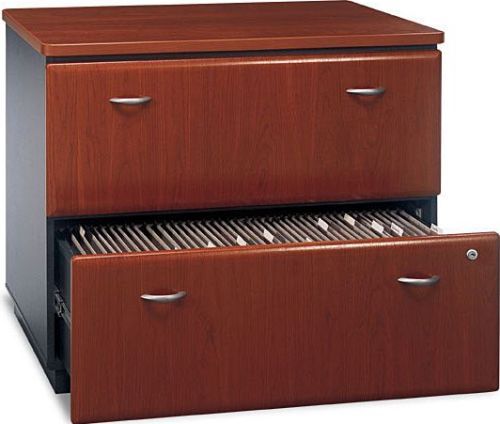 Bush WC94454A Series A Lateral File, Drawers hold letter, legal or A4-size files, Levelers provide stability on uneven floors, Interlocking drawers reduce likelihood of tipping, Matches height of Desks for side-by-side configuration, Full-extension, ball bearing slides allow easy file access, UPC 042976944544, Hansen Cherry Finish (WC94454A WC-94454-A WC 94454 A)