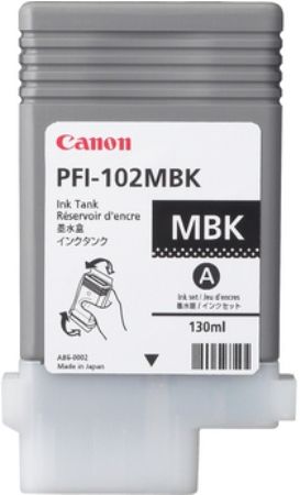 Canon 0894B001AA Model PFI-102MBK Dye Pigment Matte Black 130ml Ink Tank for use with imagePROGRAF iPF500, iPF510, iPF600, iPF605, iPF610, iPF700, iPF710 and iPF720 Large Format Printers, New Genuine Original OEM Canon Brand, UPC 013803058314 (0894-B001AA 0894B-001AA 0894B001A 0894B001 PFI102MBK PFI 102MBK PFI-102)