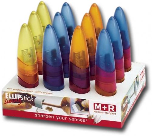 M Plus R 0945D Ellipstick, Eraser/Sharpener Display; Container sharpener for lead pencils; Single-hole, with metal integrated sharpener, and integrated eraser; Ideal for school bags; Assorted colors, no choice; 12 pieces; Dimensions 5.51
