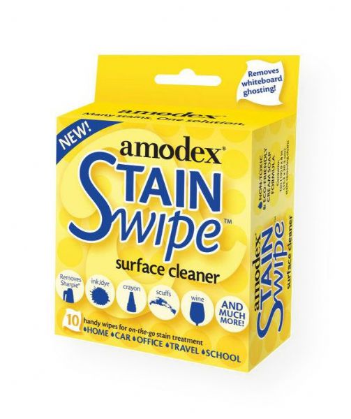 Amodex 10029 StainSwipe Surface Cleaner Wipes; Handy wipes for on-the-go stain treatment; Use for removing Sharpie, inks, dyes, crayon, scuffs, wine, and so much more! Also removes whiteboard ghosting; Non-toxic, eco-friendly formulation; (10) 6