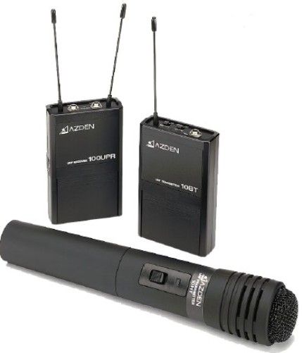 Azden 100LTH Wireless UHF Lavaliere and Hand-Held Microphone System, 63 user-selectable UHF channels in the 794806MHz band, Compact lavaliere mic for today's small digital cameras, Lavaliere and hand-held mic/transmitter for maximum flexibility, 3.5mm balanced mic level output jack and monitor output jack (100-LTH 100 LTH)