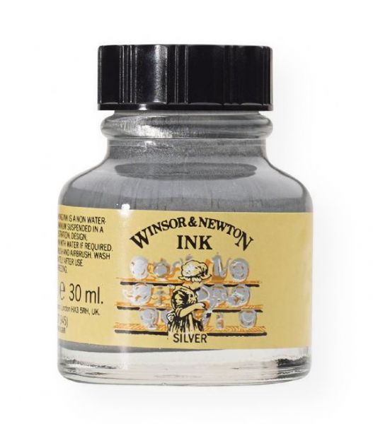 Winsor & Newton 1010617 Drawing Ink 30ml Silver; Formulated from a series of soluble dyes in a superior shellac solution; These inks can be applied with brush, dip pen, or airbrush; Widely used by designers, calligraphers, artists, and illustrators; Superior strength and brilliance of color; Full intermixable colors; although silver and gold should be added sparingly to avoid too much thickening; EAN 5012572003407 (WINSORNEWTON1010617 WINSORNEWTON-1010617 WINSORNEWTON/1010617 ARTWORK)