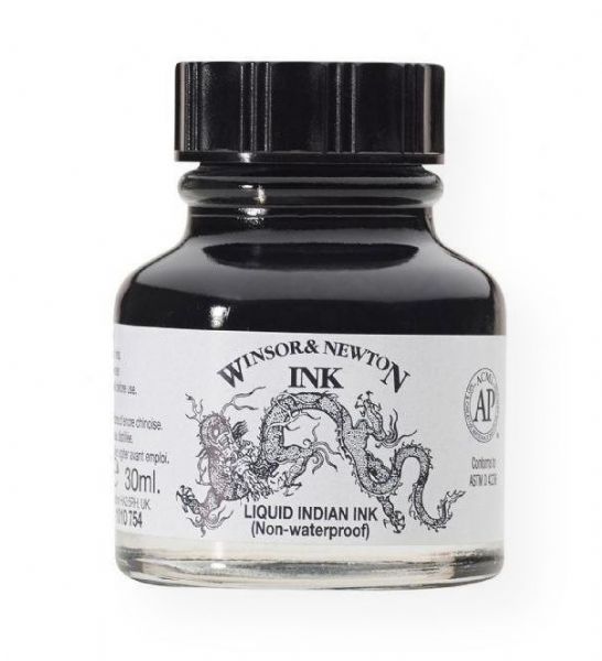 Winsor & Newton 1010754 Drawing Ink 30ml Liquid Indian Ink; Formulated from a series of soluble dyes in a superior shellac solution; These inks can be applied with brush, dip pen, or airbrush; Widely used by designers, calligraphers, artists, and illustrators; Superior strength and brilliance of color; Full intermixable colors; although silver and gold should be added sparingly to avoid too much thickening; EAN 5012572003377 (WINSORNEWTON1010754 WINSORNEWTON-1010754 WINSORNEWTON/1010754 ARTWORK)