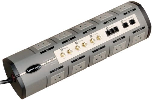 CyberPower Systems 1010HT Home Theater Surge Suppressor, Silver, 10 Outlets, Surge Suppression 4200 Joules, Phone Protection RJ11 1-In, 2-Out, Ethernet Protection RJ45 1-In, 1-Out, Coax Protection RG6 3-In, 3-Out, EMI/RFI Filtration 100KHZ to 100MHz, Attenuation Up to 58dB, Response Time less than 1 nanosecond, UPC 649532010103 (1010-HT 1010 HT 1010H 1010)