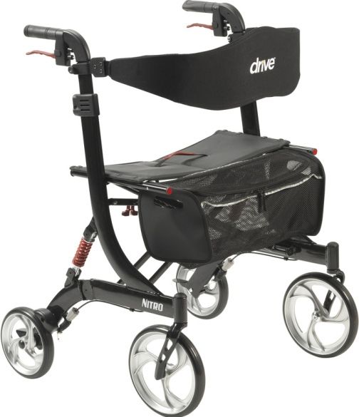Drive Medical 10266HDBK Nitro Euro Style Walker Rollator, Heavy Duty, Black; Attracive, Euro-style design; Brake cable inside frame for added safety; Handle height easily adjusts with unique push button; Back support height easily adjusts with tool-free thumb screw; Caster fork design enhances turning radius; Large 10