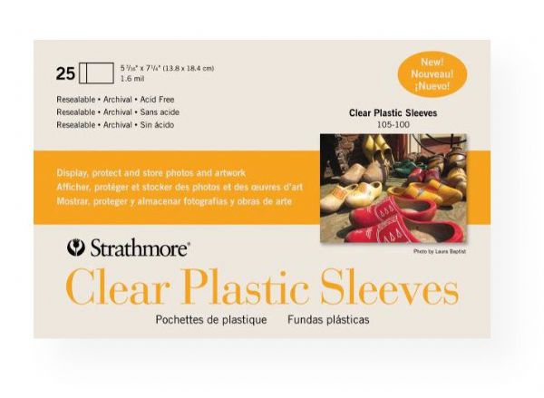 Strathmore 105-100 Clear Plastic Sleeves; Clear, resealable sleeves are archival, acid-free and lignin-free for the ultimate protection of photos, artwork, cards, or printed materials; Made of 1.6 mil polypropylene; 5.4375