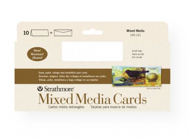 Strathmore 105-151 Series 400 Mixed Media Slim Size Cards 10-Pack; Heavyweight 140lb cards offer the attributes of a watercolor paper but with a vellum drawing finish; They are ideal for watercolor, gouache, acrylic, graphite, pen & ink, colored pencil, marker, and collage; Envelopes are included; Acid-free; 10-pack; Slim size cards measure 3.875