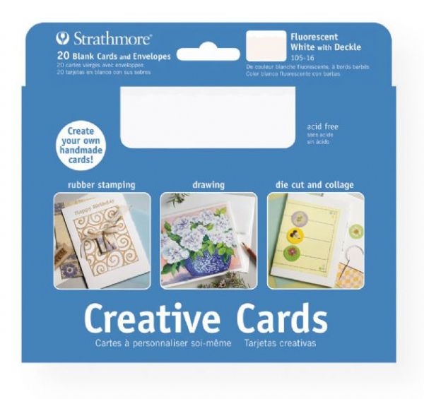 Strathmore 105-16 Fluorescent White/Deckle 5 x 6.875 Creative Cards 20-Pack; These larger size cards can be used to design a greeting for any occasion from birthdays, holidays, and invitations to general correspondence; Cards are 80 lb cover and measure 5