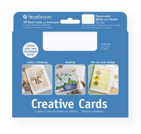 Strathmore 105-160 Fluorescent White/Deckle Creative Cards 10-Pack 5 x 6.875; These larger size cards can be used to design a greeting for any occasion from birthdays, holidays, and invitations to general correspondence; Cards are 80 lb cover and measure 5