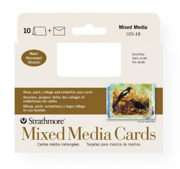 Strathmore 105-18 Series 400 Mixed Media Announcement Size Cards 10-Pack; Heavyweight 140lb cards offer the attributes of a watercolor paper but with a vellum drawing finish; They are ideal for watercolor, gouache, acrylic, graphite, pen & ink, colored pencil, marker, and collage; Envelopes are included; Acid-free; 10-pack; Announcement size cards measure 3.5