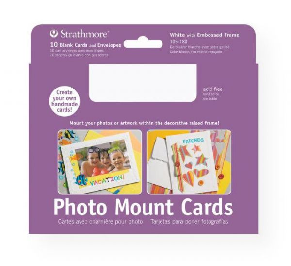 Strathmore 105-180 Photo Mount Cards 10-Pack White; Mount photos, artwork, or pictures to the front of these beautifully embossed cards; Included in each package are double-stick tabs for adhering up to a 4